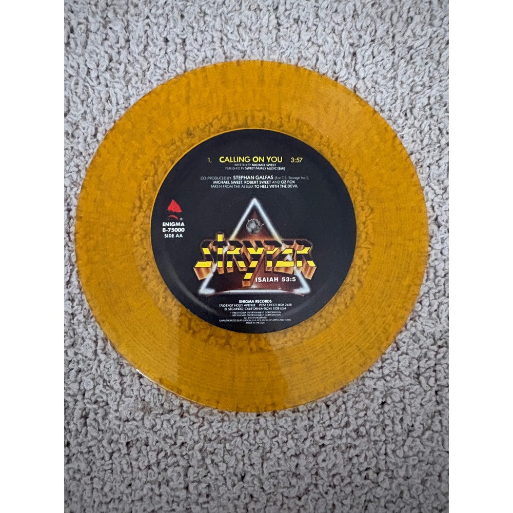Stryper Free Calling On You 7in Yellow Translucent Vinyl Single 1986 B-75000 - Picture 3 of 4